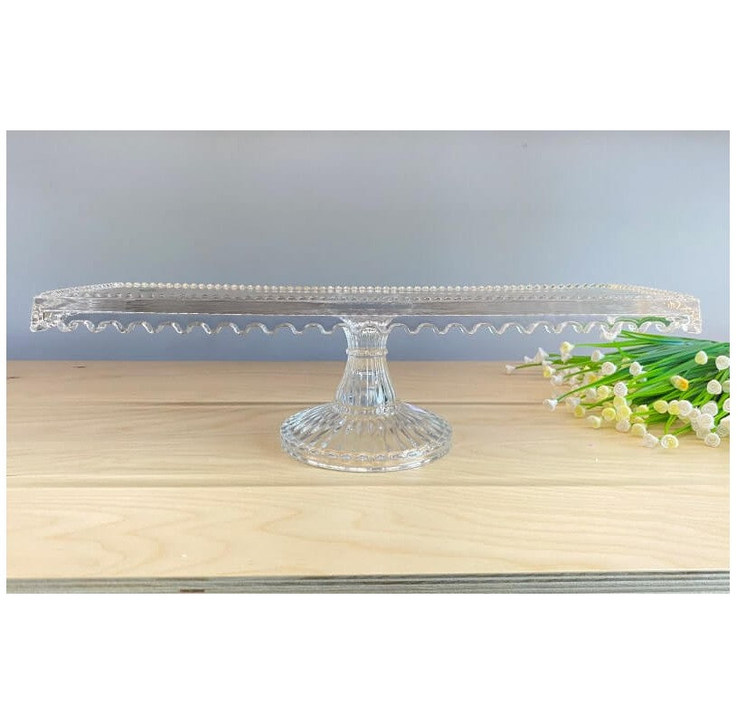 Platou dreptunghiular din sticlă cu picior pentru patiserie, 14x39x9 cm, Sencam Alegre Glass