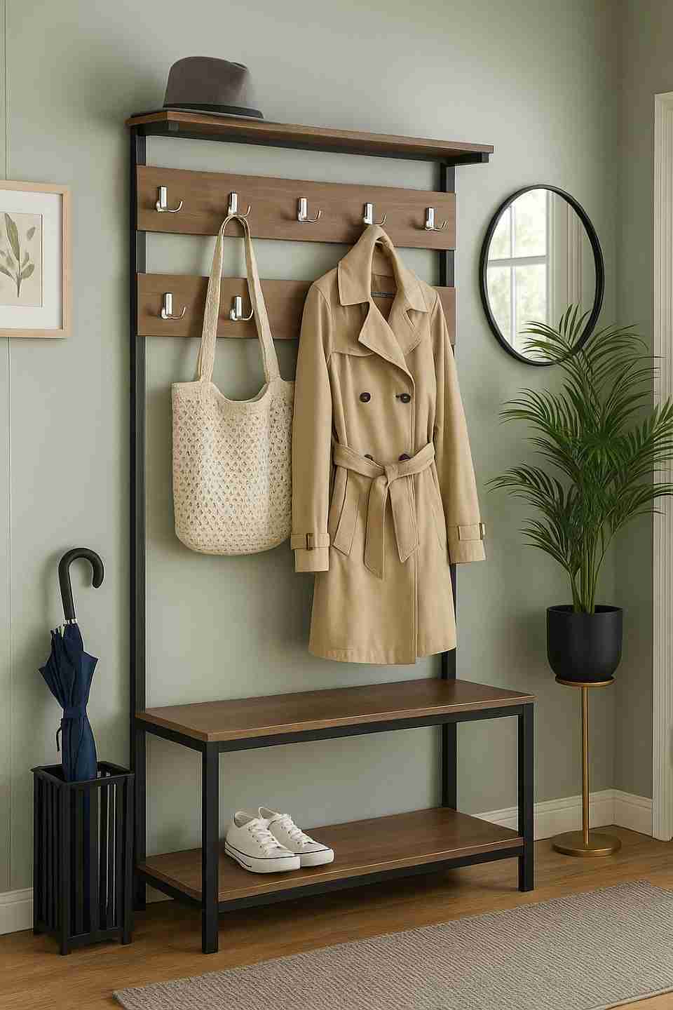 Antreu stil loft cu rafturi si cuierase