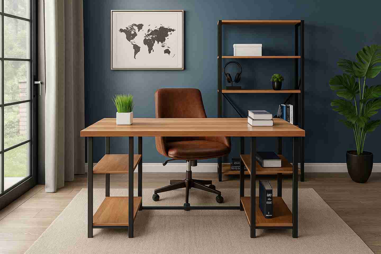 Masa loft de scris pentru casa birou cu polite calculator documente