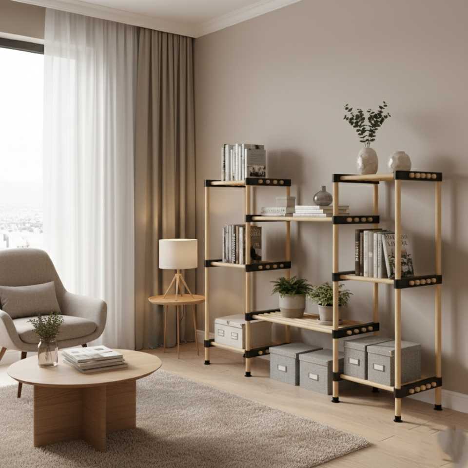 Raft polita modulara din lemn pentru organizare salon