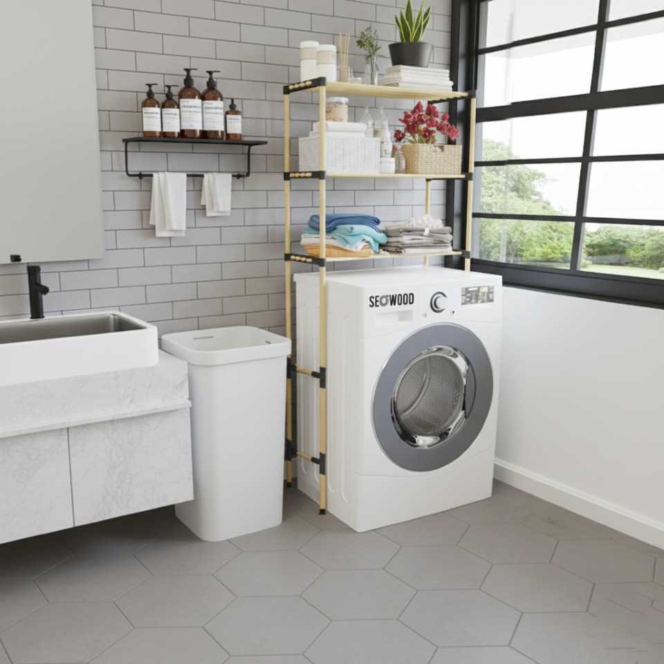 Raft polita modulara din lemn pentru organizare masina de spalat hainele