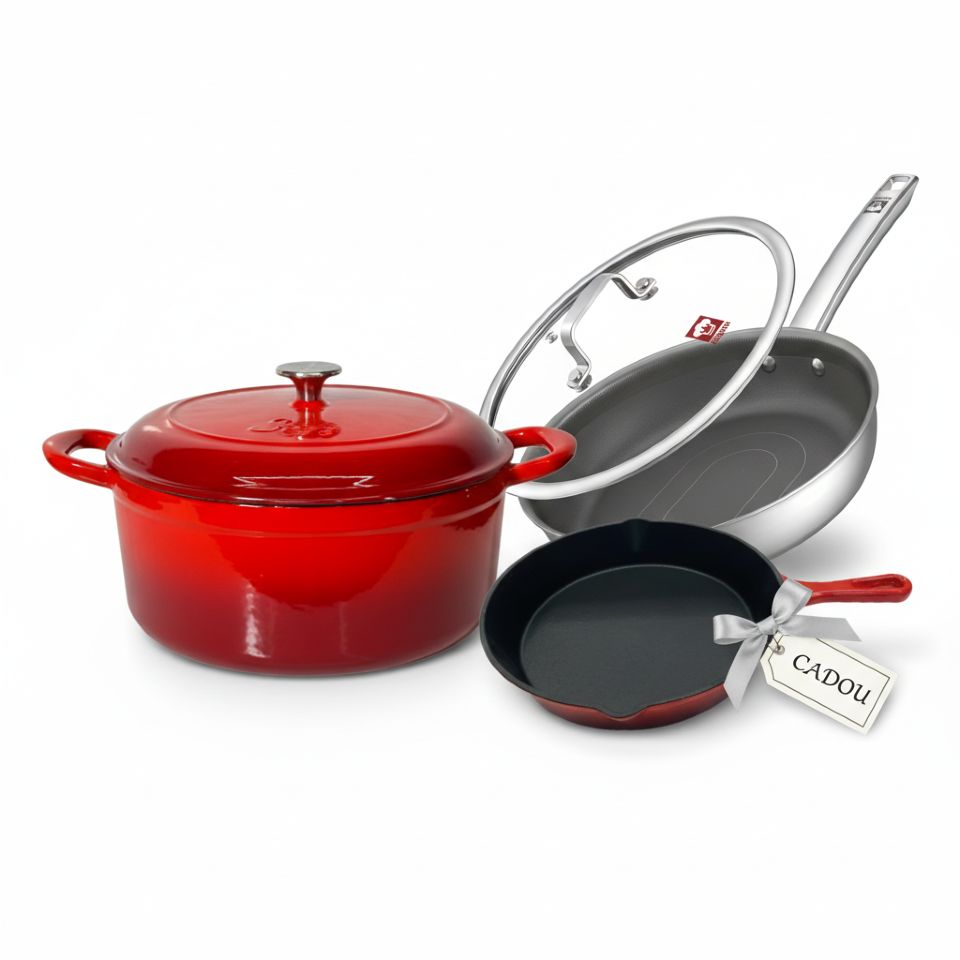 Set must have de gatit cratita fonta 28 cm ,tigaie Kobach inox 28 cm +cadou Tigaie fonta emailata 25 cm 