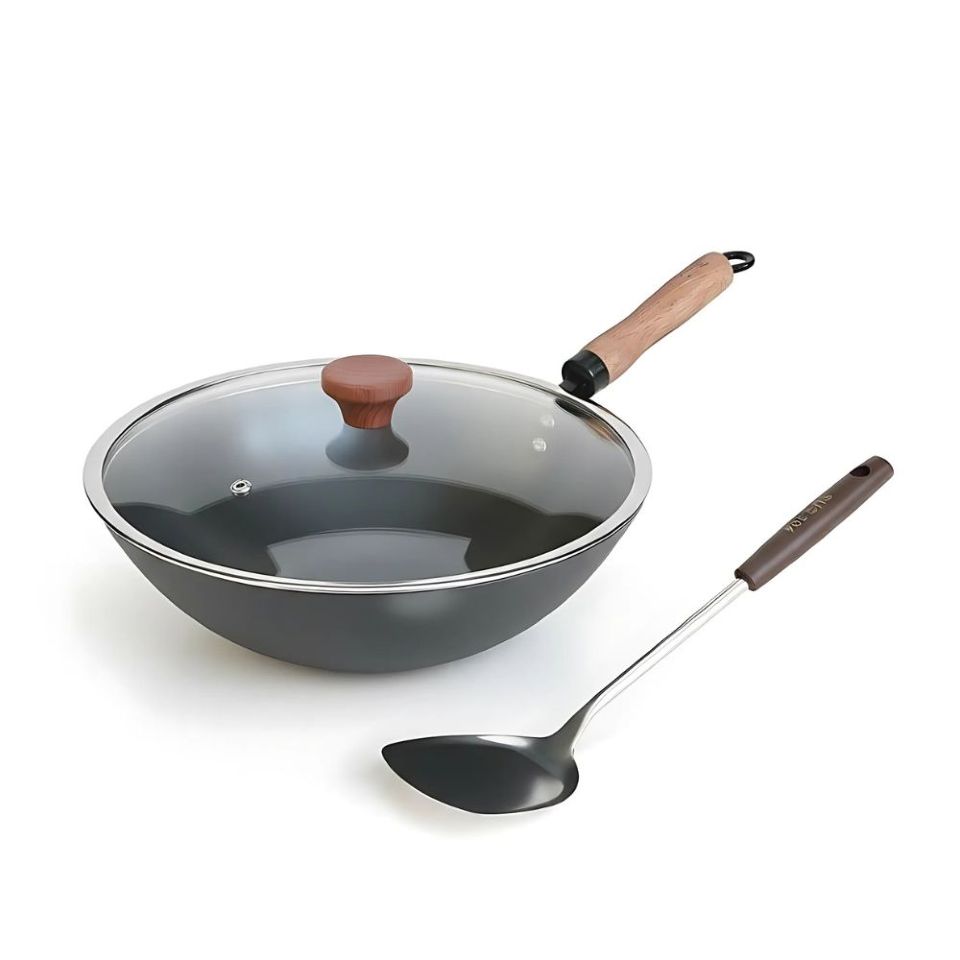 Wok clasic din otel carbon – 30 cm, cu capac de sticla