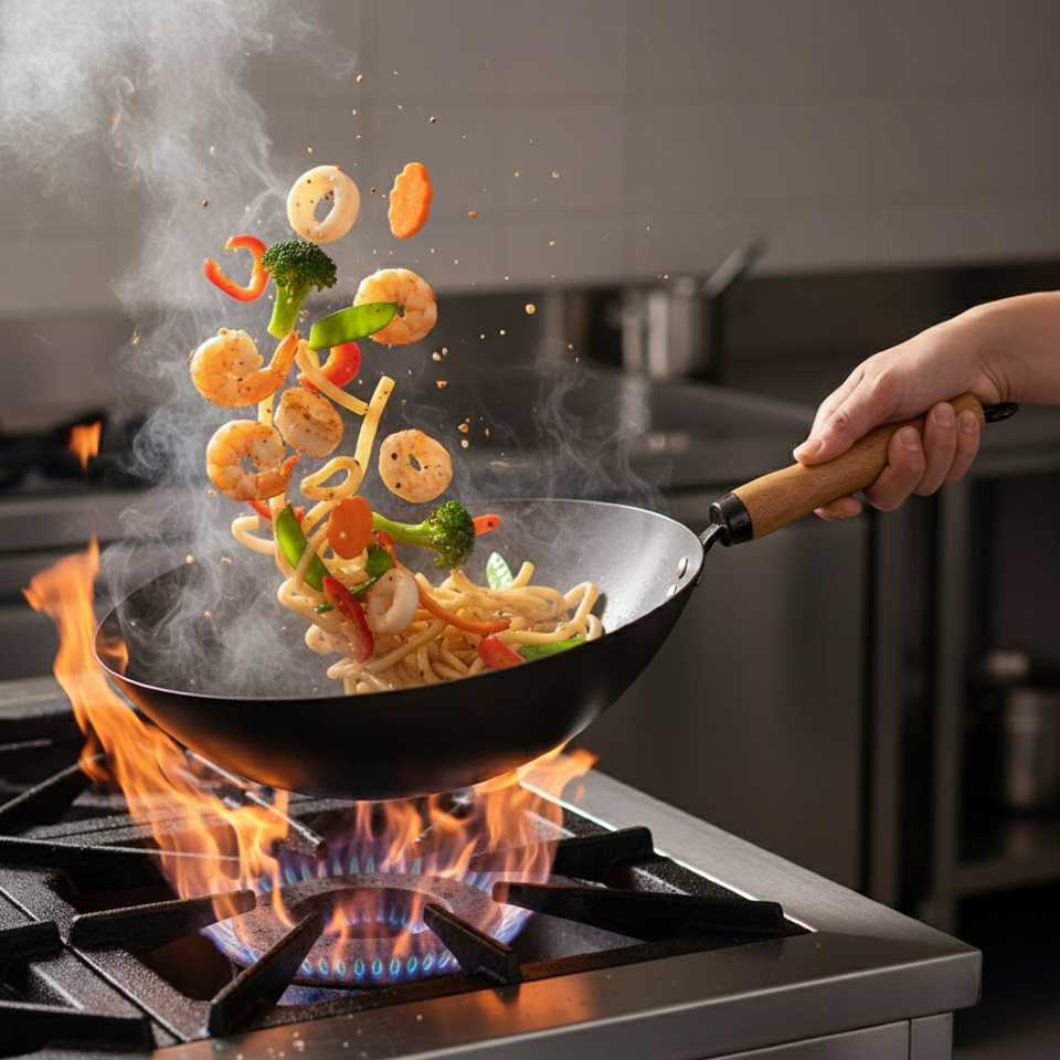 Wok clasic din otel carbon – 30 cm, cu capac de sticla