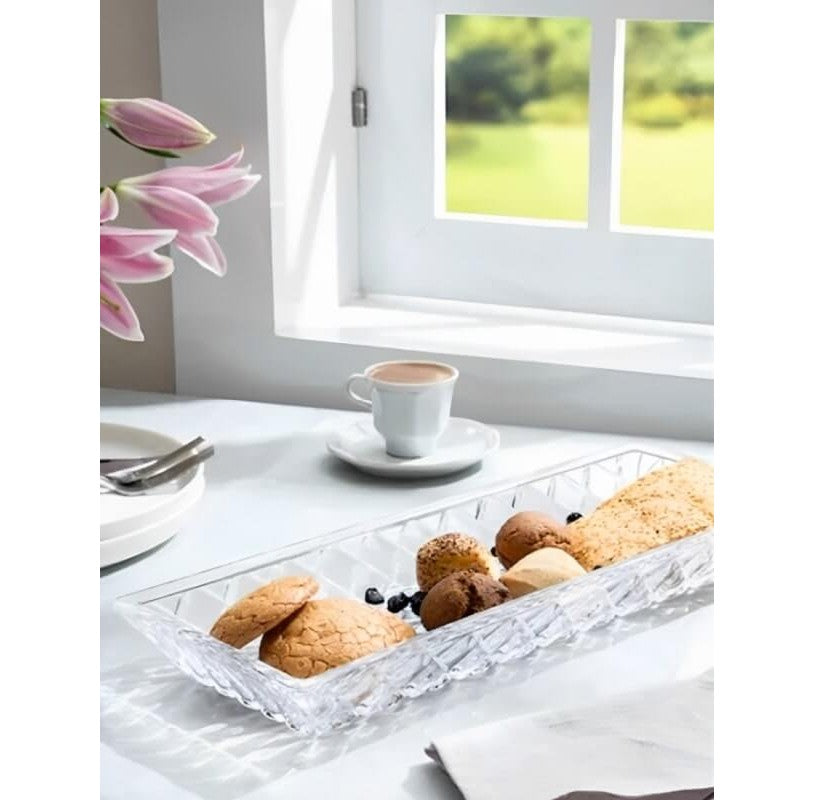 Platou dreptunghiular din sticlă cu picior pentru patiserie, 39x15x4,5 cm, Sencam