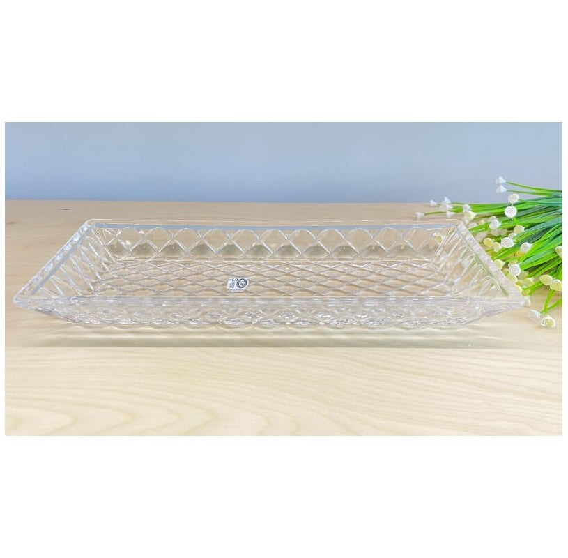 Platou dreptunghiular din sticlă cu picior pentru patiserie, 39x15x4,5 cm, Sencam